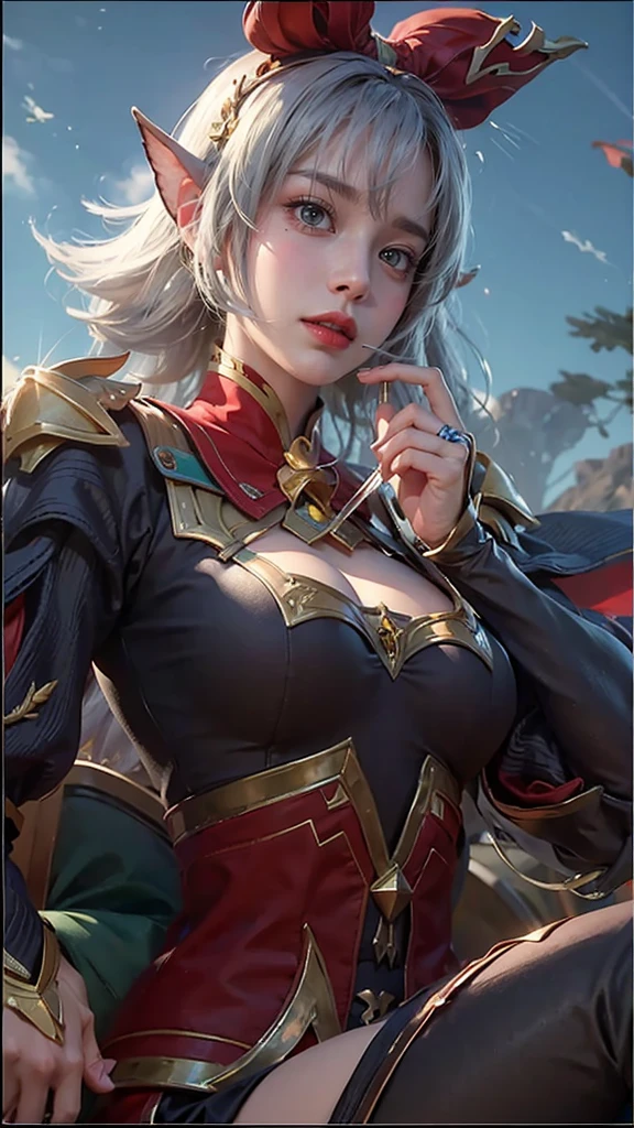 Official Art, Unity 8k Wallpaper, Ultra Detail, Masterpiece, Best Quality, One Woman, (Very Detail), Dynamic Angle, Mystical Expression, Fire Glowing Effect, Fantasy Background, Rim Lighting, Side Light, Cinematic Light, Ultra High Definition, 8k UHD, Film Grain,Best Shadow, Delicate, RAW, Light Particles, Detailed Skin Texture, Detailed Glowing Gem Armor Texture, Detailed Face, Complex detail, super detailed, bright, strong, gold and red armor, cleavage, has glowing weapons, has a shield, pole dron, (((white hair)), glowing brown eyes, blue cloak, fantasy, (realistic),
