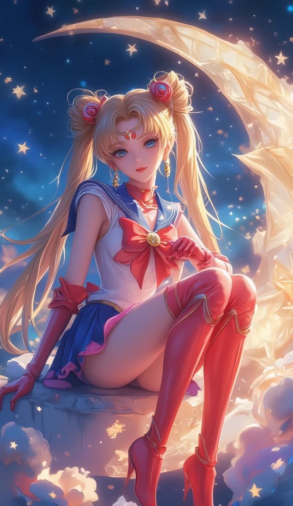 Sailor moon, (masterpiece), blonde hair, blue eyes, expressive eyes, beautiful woman, long hair, pink bra, cleavage, round breasts, moon tiara, white panties, round buttocks, blue boots