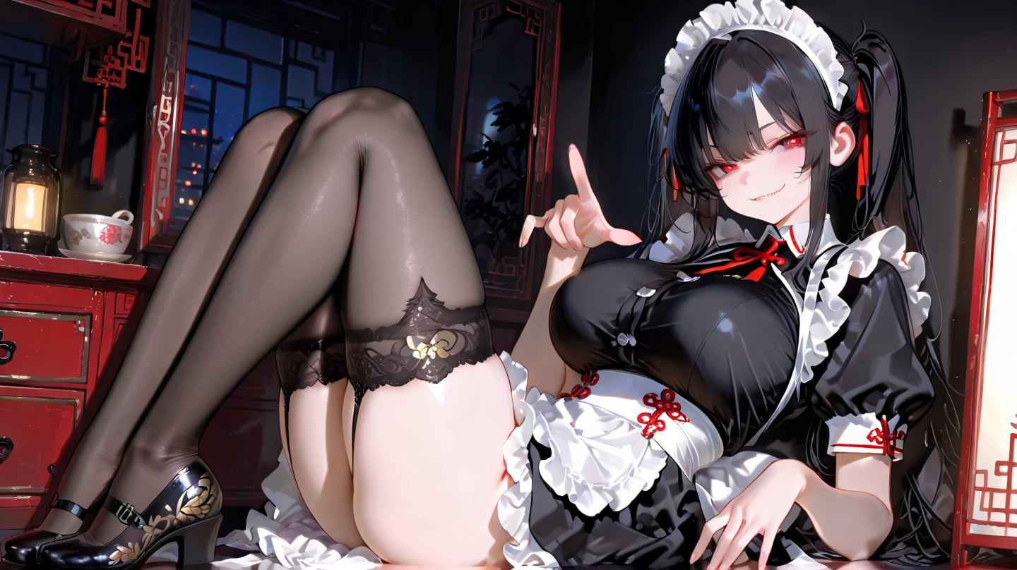 girl, short black hair with two strands of braided hair, medium breasts black Chinese dress, sex, nude vaginal penetration, linda, garter tied to his thigh from his crotch.