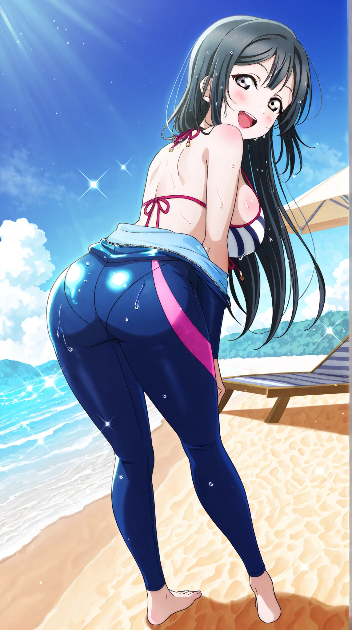 1girl, large breasts, thick thighs, wide hips, parted lips, blue eyes, dark blue hair, black hair, black swimsuit, one-piece swimsuit, blue trim, light blue trim, from behind, ass, competition swimsuit, ((from behind)), submerged, wet