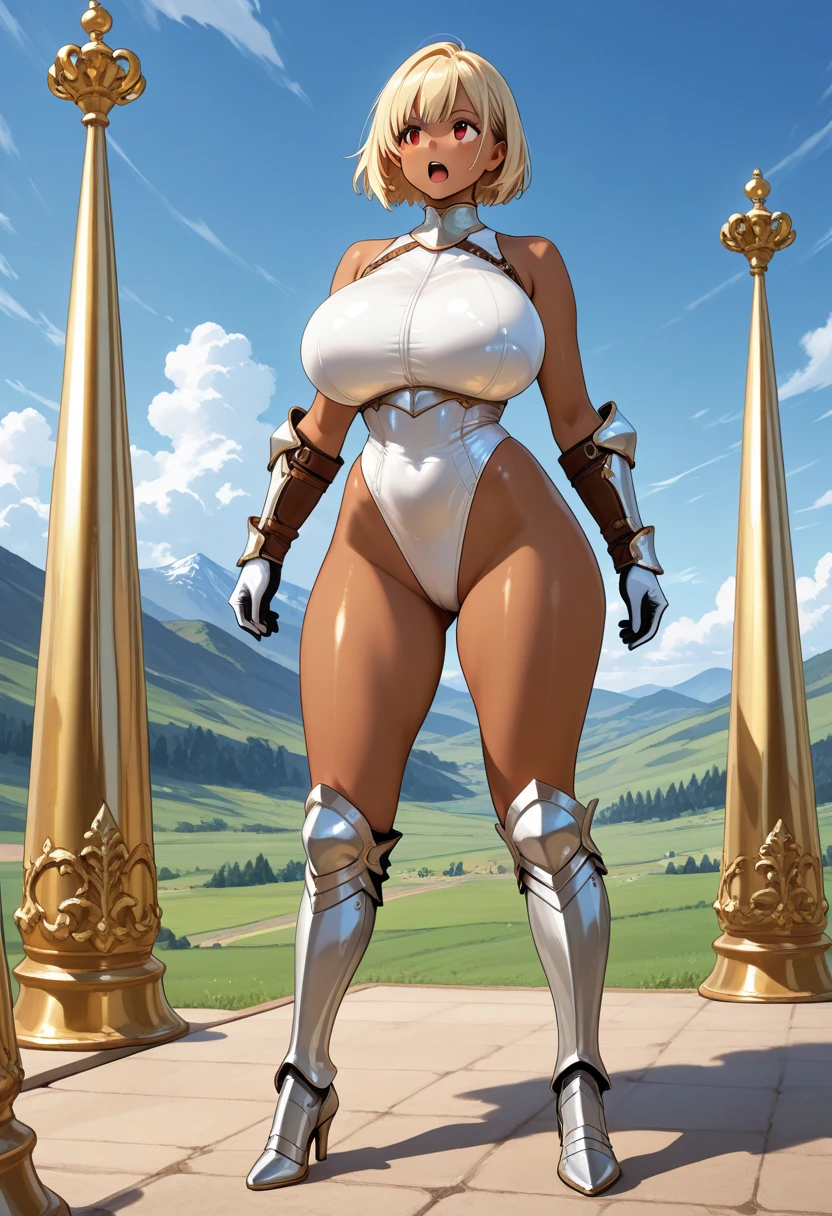 woman, bobcut, blondehair, ((black skin:1.4)), adorned in medieval armor, twerking, metal muscles, emanating a medieval elegance and marvel, armor pump boots, chrome bra, chrome silver tiara, small armband, (shoulder armor), gauntlets, ((armored bikini:1.4)), sword, shield, exposed midriff, (puffy lips:1.3), detailed eyes, ((slendered abs:1.2)),(((gigantic breasts:1.5))), wide hips, (puffy lips:1.5), slender abs,rim lighting, side light, (((cinematic light))), ultra high definition, 8k, film grain,best shadow, light particles, detailed skin texture, detailed gem armor texture, detailed face, intricate details, super detailed, bright, spiked heel boots