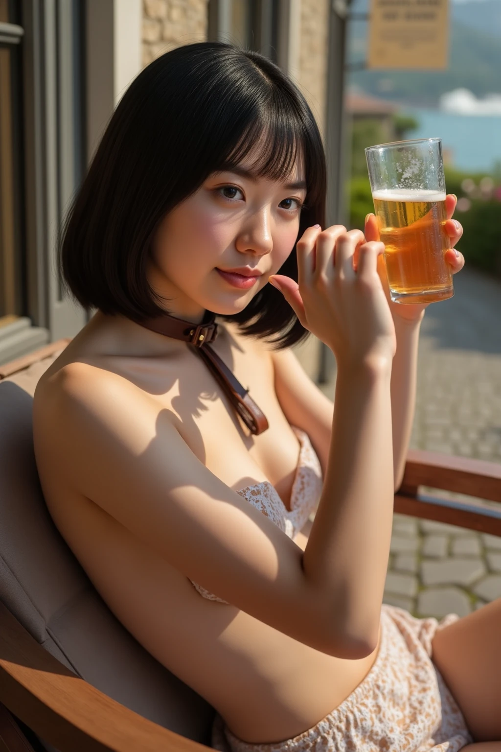 ((drinking a beer)), Japanese lady, pale skin, droopy eyes, smile 20 year old, bowl cut , red bra, black Pencil skirt, sitting sofa, exasperated:1.8, high quality:1.3, shoot from below 2.0, Professional lighting:2.0 realistic:1.2, 4k resolution, detailed skin, masterpiece:1.1,