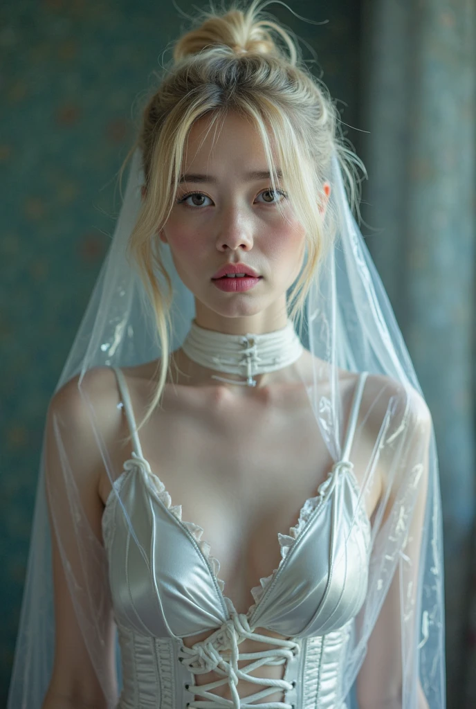 (very delicate and beautiful work),(masterpiece),1 girl,Austrian girl, 13 years old, lolita, advanced details, twisted ponytail, attractive look, green eyes, Clear and beautiful eyes, looking at the camera, exquisite earrings , simple blurred background, very detailed explanation, beautiful and attractive, Ultra-fine painting, exquisite face, exquisite figure, exquisite clavicle, cute lips, beautiful breasts, Medium chest, soft back, (8K, Raw photo, highest quality, masterpiece: 1.2), (realistic, photo-realistic: 1.37), cute, professional lighting, photon mapping, Physically based rendering，(nsfw:1.5), (torture chamber, crucifixion:1.3), (dynamic pose, Fine sweat, white sweat all over the body:1.5)