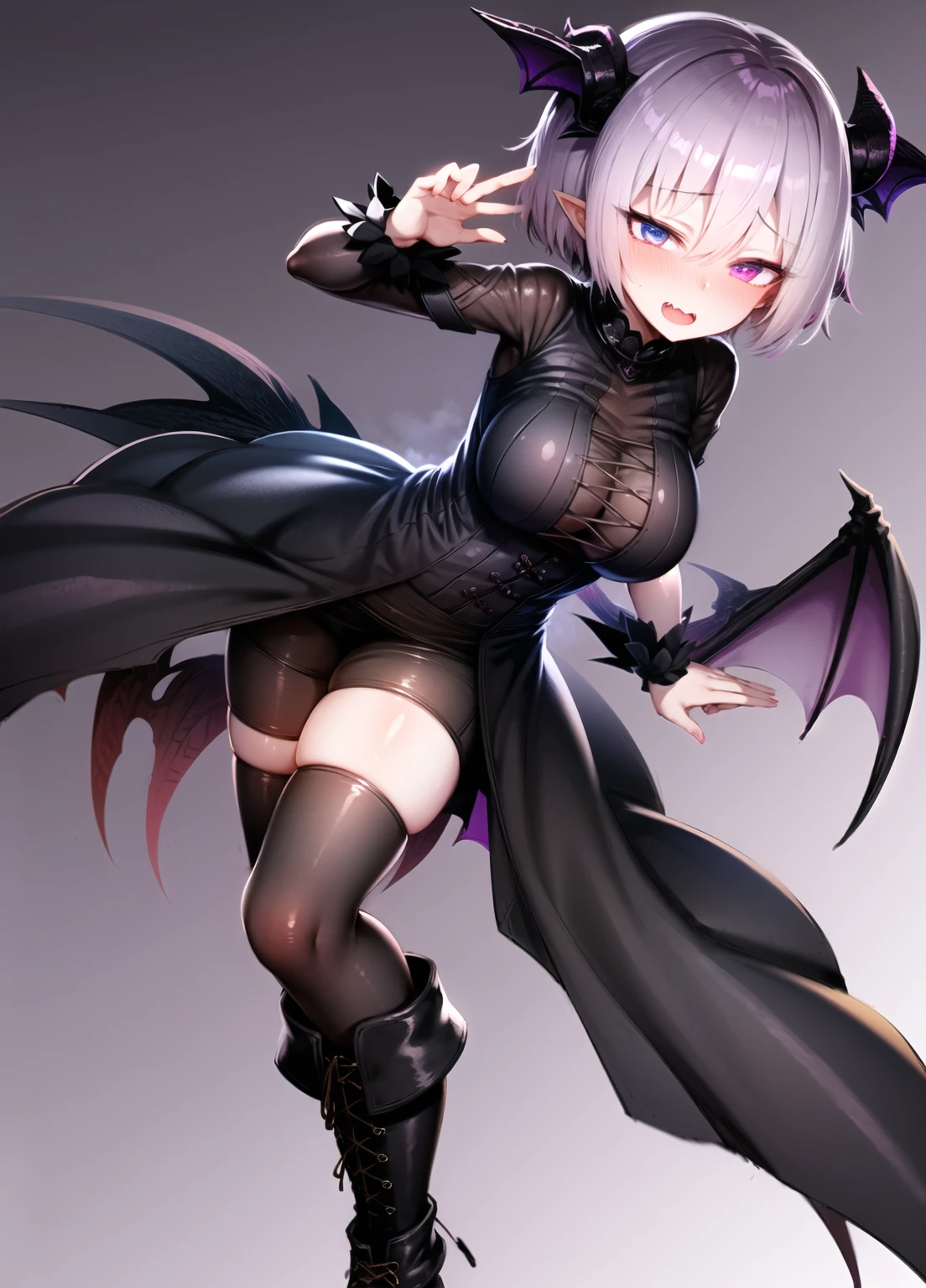 1girl, silver eyes, silver-gray hair, succubus, maid, bat wings, beautiful clothes , (high resolution, high detail, best quality) , medium breasts, sad