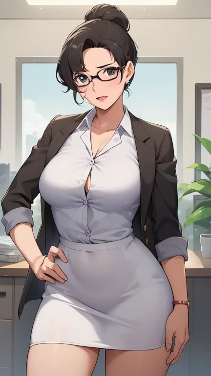 ((super high quality,))((Ultra-high resolution,))(16K,)(super masterpiece,)((Ultra HD ,))(Detailed shading,)One sexy woman,Brown short hair bouncing out,popped Tight collar Yellow shirts,Long sleeve,Cleavage,Black tight skirt,Crescent-shaped earrings,Crescent Necklace,Ecstatic smile,blush,Lean forward diagonally,