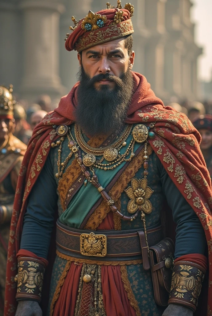 A masterpiece of oil painting by Théodore Géricault. A dramatic half-body portrait of a 30-year-old ancient Roman gladiator, his chiseled torso glistening in muted colors. The subject's gaze is intense, his bare chest adorned with a beige Russian fur hat and a red diamond-shaped pendant. His dark green lorica armor, crafted from velvet, alligator leather, and Ronin-inspired elements, wraps around his torso like a cloak, tied at the waist by a satin sash. The composition is bathed in warm, golden lighting, with the subject set against a subtle gradient of earthy tones.