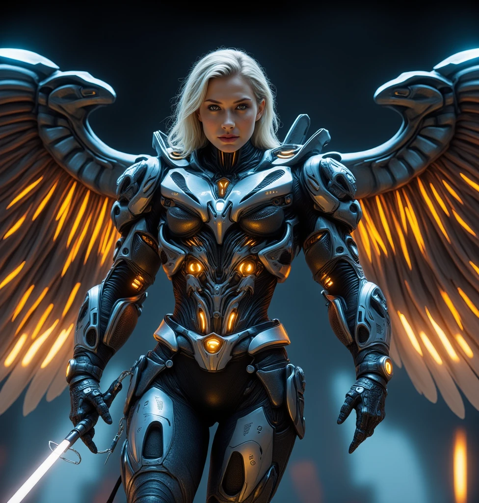 Woman standing facing the camera wearing body armor with metallic wings, blonde hair, green eyes, powerful, sword in hand, volcanic background, long hair, messy hair, dilated pupils, cinematic lighting, ray tracing, masterpiece, accurate, anatomically correct, super detail, award winning, 8k