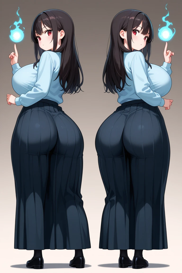 A girl with black hair and gray eyes and glasses in a torn purple turtleneck sweater showing her freckles on her breasts in jeans with huge breasts and a big ass