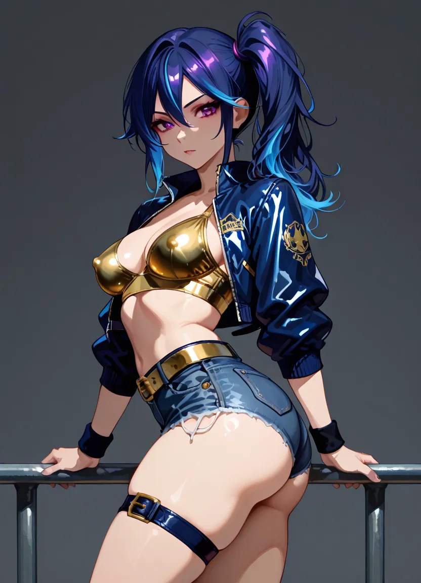 (best quality:1.5, highres, UHD, 4K, detailed lighting, shaders), best quality eyes, perfect hands, perfect finger, blue floral haired, gradient hair, big breasts, blue bra, big thighs, big butt, blue jacket, blue long pants, mature woman , (pov), black background, colorful eyeshadow, dramatic lighting, sparkling eyes, sensual expression, golden earrings, flowing hair, delicate facial features, dark skin, high cheekbones, urban setting, black background, dont look for the camera, lean forward, behind the camera