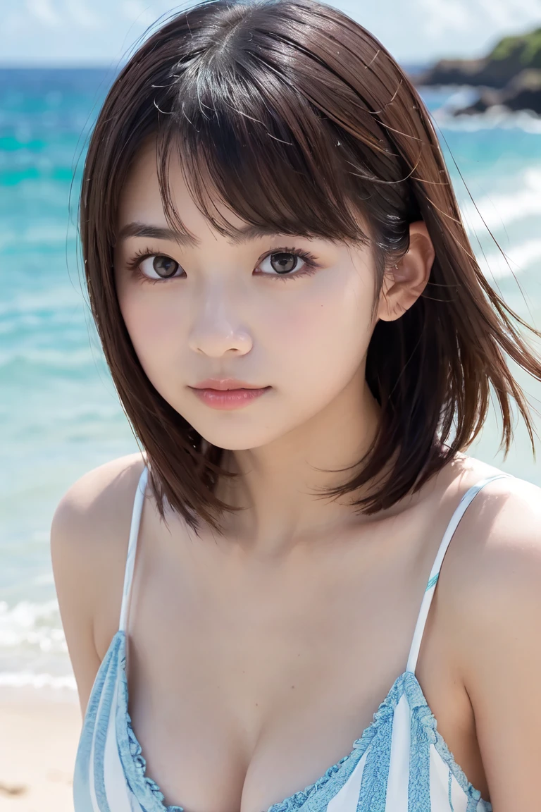 Tabletop, Highest quality, Japanese Girls, 8k, RAW Photos, Highest quality, Tabletop, Hmph:1.2, Highly detailed RAW color photos, Professional photos, (Realistic, Realistic:1.37), (Highly detailed skins:1.2), Ultra-high resolution, (Lens: 50mm), (Tabletop, Highest quality:1.3), (超高精細8k CG:1.2), (Ultra-realistic:1.35), (Realistic:1.45), (Realistic:1.4), Okinawa (Ocean Background:1.1)、Korean Idol、Nogizaka Idol、Carving the Idol&#39;s Pose、Adult