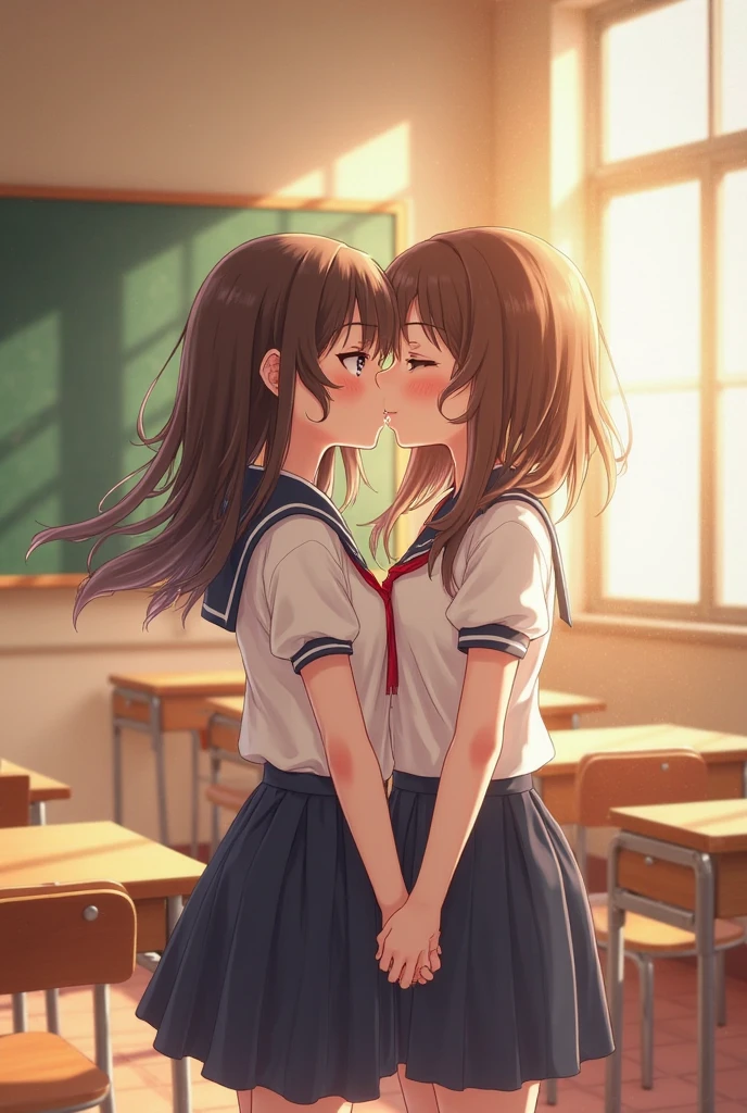 (photorealism:1.2), 2 girls starting fight jealousy in a class wearing school uniform , one is front bangs cut long hair & the other is no bangs & attitude, , soft lighting, students in background, window with sunlight, cozy classroom, clashing pose, realistic, intricate details, warm colors, by Greg Rutkowski, by Alphonse Mucha chinese student age 19