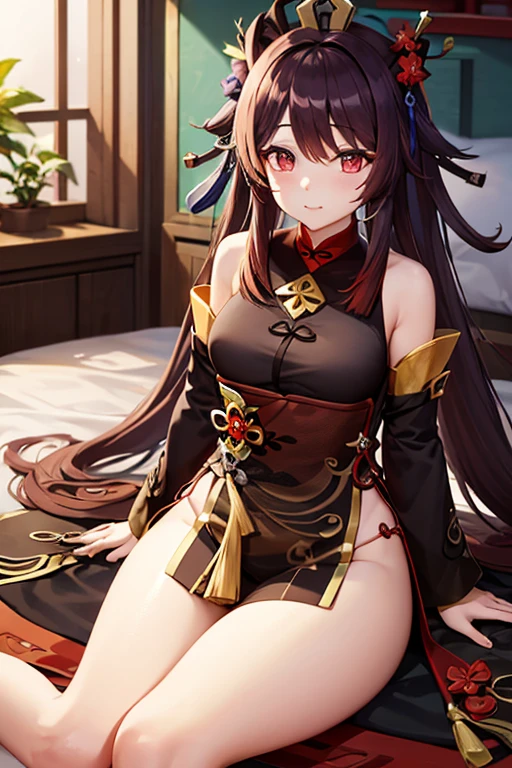MKSKS style, masterpiece, best quality, long eyelashes, eyeliner, eye shadow, mascara, colorful, pink lips, deep skin, looking at the audience, upper body, curves, hestia (tanmachi), 1 girl, breasts, solo, plum pupils, black nail polish on slender fingers, black robe and waist, wearing shorts and socks, black shoes, red knots tied on the legs, God's eyes at the back, reddish-brown gradient double ponytail, wearing a Chinese shirt with a pattern and a long back hem, the back hem pattern is the other shore flower and lily flower. He wears a Qiankun Taigua hat with a black bow behind the hat, the material of the hat is hard, and the front is decorated with the emblem of the Past Life Hall