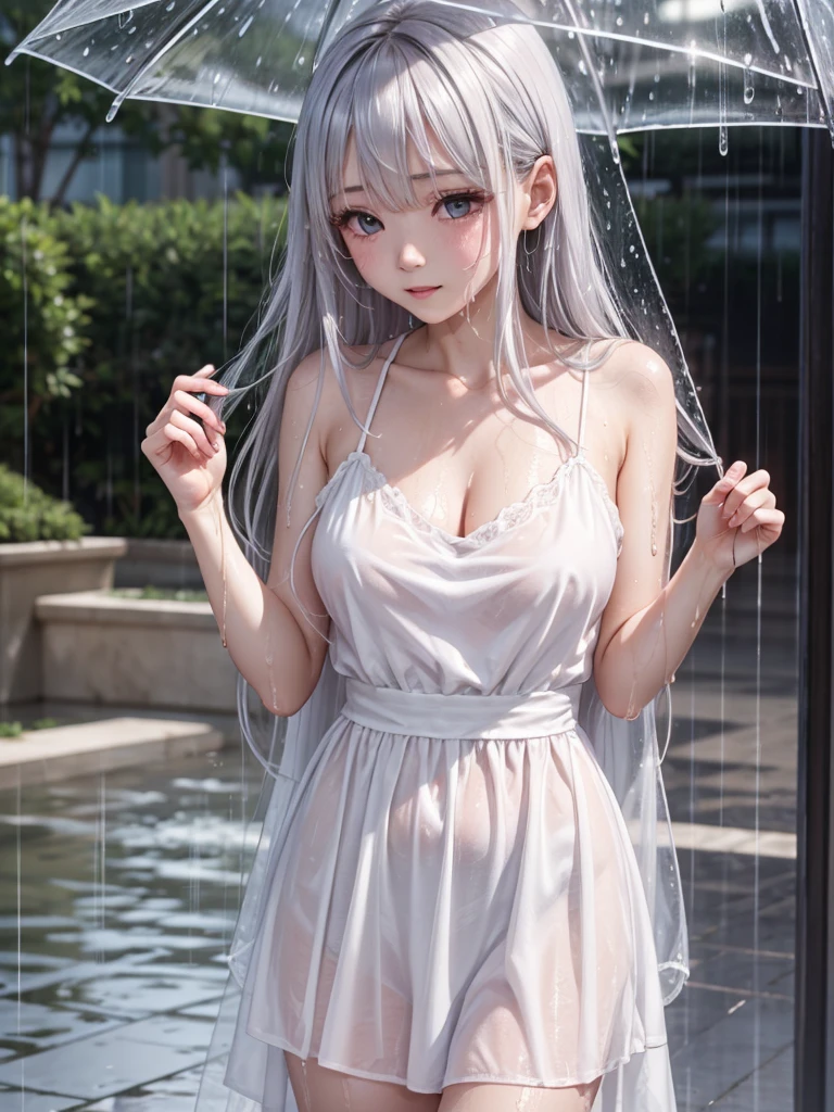 Long silver hair、hime-cut、Golden Eyes、eye glasses、ssmile、early teenage girls、flat chest、Thin pubic hair、Beautiful open legs、bath robe、Back alley