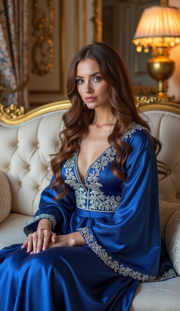 a beautiful women ,shy face , wear traditional clothes , curve body shape , stromy brown eyes , shiny brown hair , white skin , jowline preety , in highly detailed on her throne, goddess , masterpiece , background green grass potrait and beatiful image