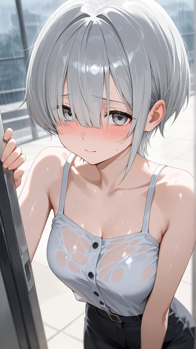 (Shota:1.5), (baggy:1.4), (White tank top:1.3), (White panties:1.3), (bulge&erection:1.4), (Looking up:1.4), The wind is blowing, (((Highest quality))), (((masterpiece))), (((Super detailed))), (skinny:1.3), ((Spiked Hair)), (The wind is blowing), ((White Hair)), Wine red eyes, Raise your arms, ((smile)), (Open your mouth), ((Earrings)), blue sky, Grass, (Choker on neck), Underarm, Sweaty skin, ((Wet clothes)), Nipples, center, (Shooting from below),