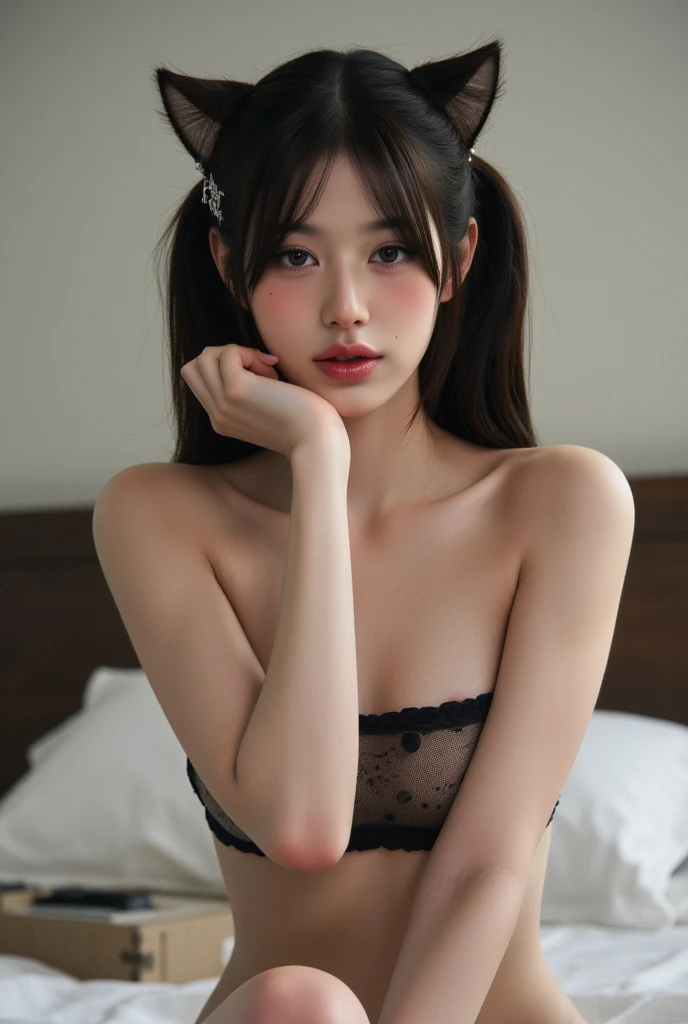 Ulzzang-6500-v1.1, (RAW Photos:1.2), (Realistic:1.4), Beautiful detailed girl, Very detailed eyes and face, Beautiful and fine details, Ridiculous, Incredibly ridiculous, Huge file sizes, Very detailed, High resolution, Very detailed, Highest quality, Tabletop, One girl, 16 years old, ((Very detailed)), ((Dynamic pose))), (Camel Toe), (Open your mouth)),((Drooping eyes)),((round face)),((curl inside hair)), (Look away:1.1),Close-up of face,(((黒いplayboy bunny)))、Upper Body、Black Costume、Has bangs、((slender))、Slim body、((Look down)、((Eyes Wide Open))、(((Angle from below))、(D cup milk))、((Gorgeous Bra))、skirt、Eyes Wide Open、((((Surprised))))、Be surprised