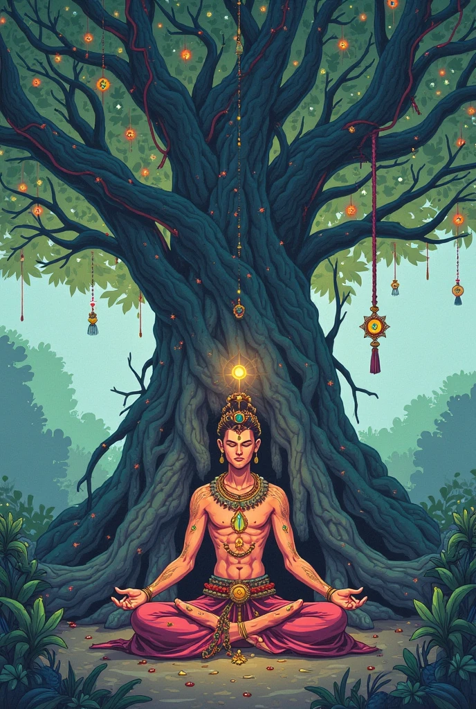 There are many snakes above the tree and Shiva is sitting below