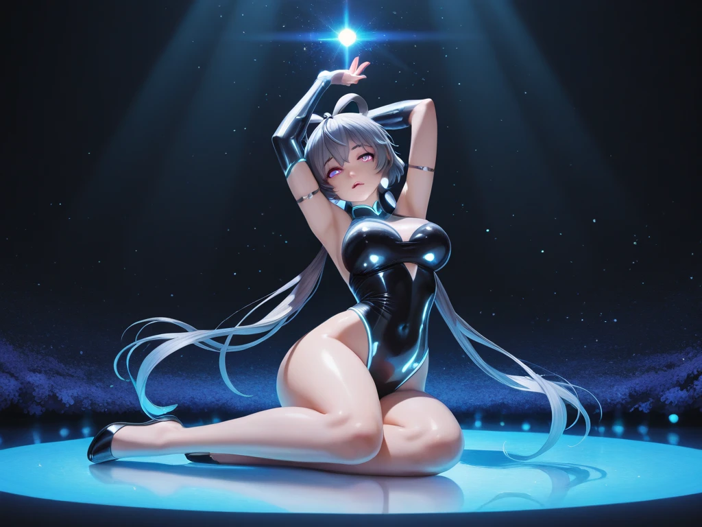 flat chest、highleg、The whole body can be seen from directly below、Delicate body、Silver Ponytail、Beautiful open legs、Show the armpits