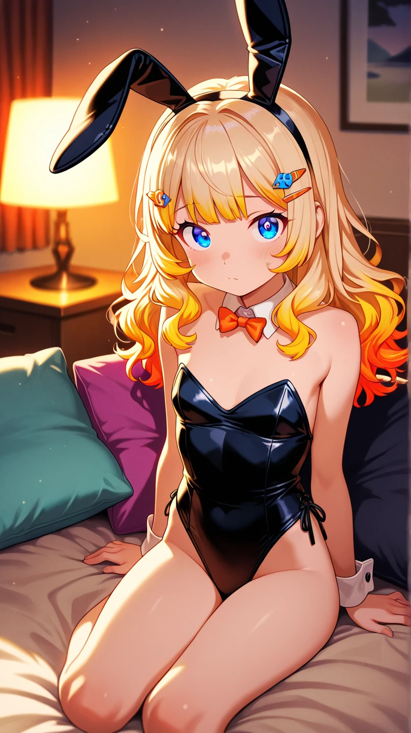 amicia michella - nijisanji, anime style, 1boyl, brown short hair, yellow inner hair, wavy hair, green eyes, detailed eyes, midriff, girly face, seductive, thin lips, painted lips, shy smile face, wide hips, thick thighs, huge round ass, small breast, bulge, bunny ears ornament, black bunny suit, high-neck collar, bow tie, thigh high, garter, full body, dynamic pose, night club, nsfw