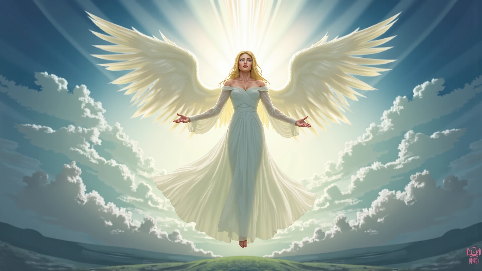 The angei's body glowed with a charming light in the sky, blonde female angel, Religious symbolism, Occult Iconography
