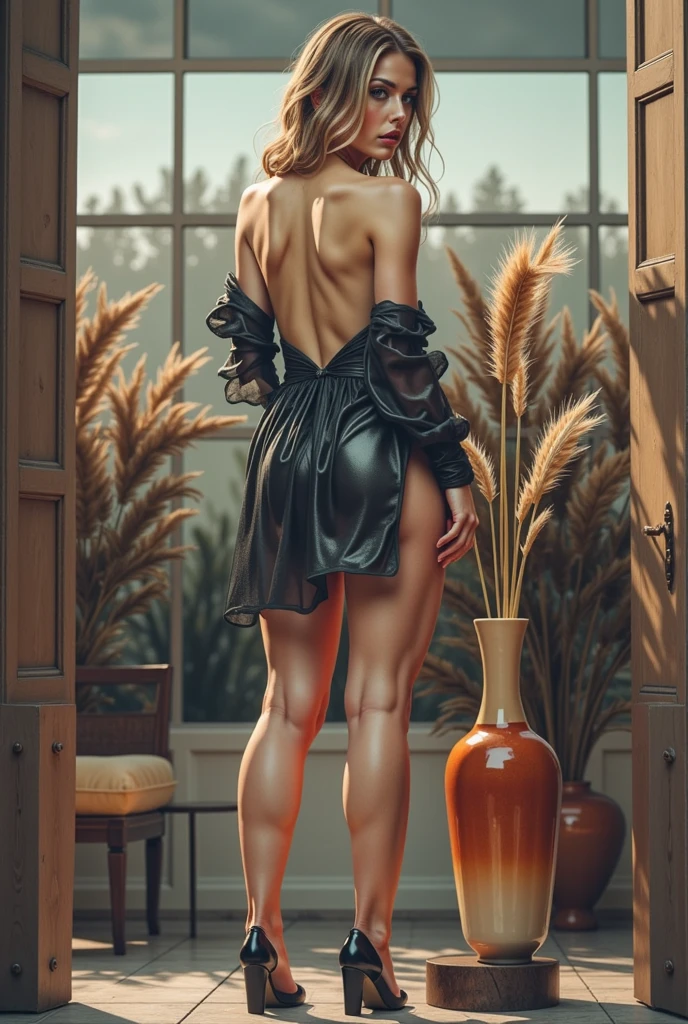 Naked woman showing her ass and holding a glass
