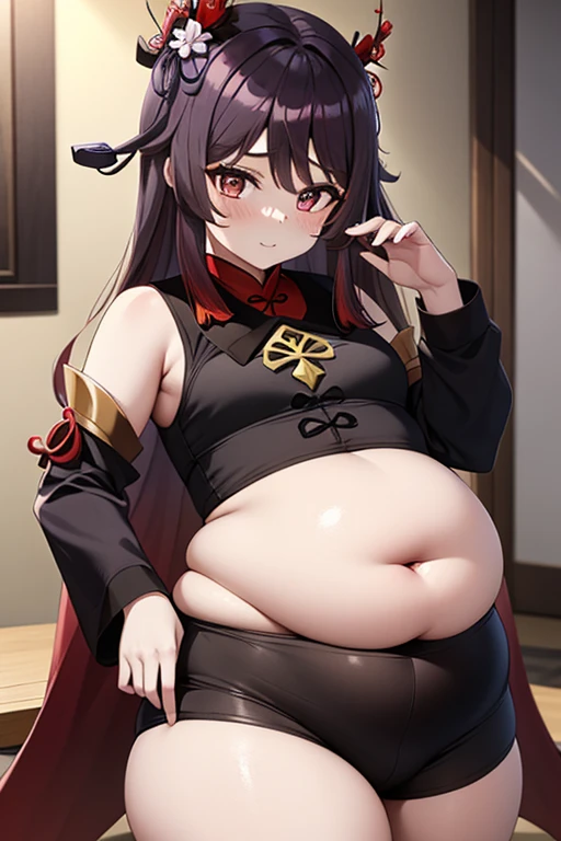 lolibomber, obese body, megu_outfit_shirt, megu_outfit_cape, megu_outfit_hat, megu_outfit_eyepatch, obese 1girl, small chest, obese belly, big butt, obese arms, big cheeks, fat neck, bandages, belt, black legwear, blush, collar, looking at viewer, red eyes, short hair with long locks, single thighhigh, solo, thighhighs, simple background, skirt pull, pulling skirt down, bent over