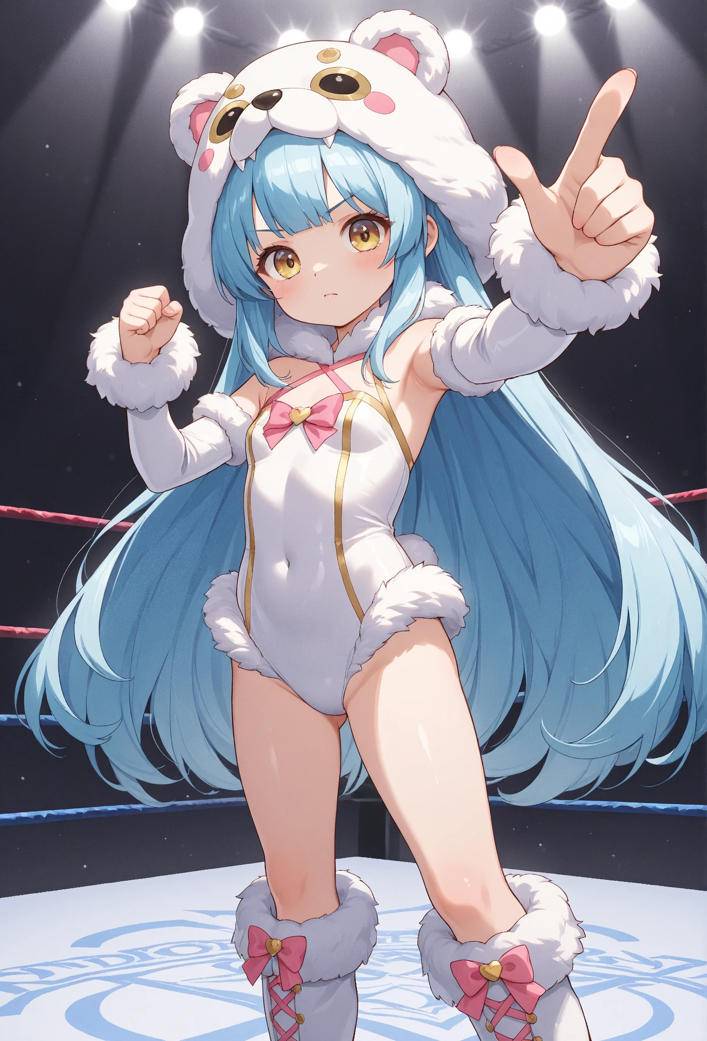 top-quality、extremely delicate and beautiful、Soio、Soio、Idol、14 year old girl、japanes、Lori、Chiquita、A dark-haired、((White and light blue leotard))、、Stand in the ring of professional wrestling、knee high socks,long wrestling boots,Fighting,Professional wrestling matches