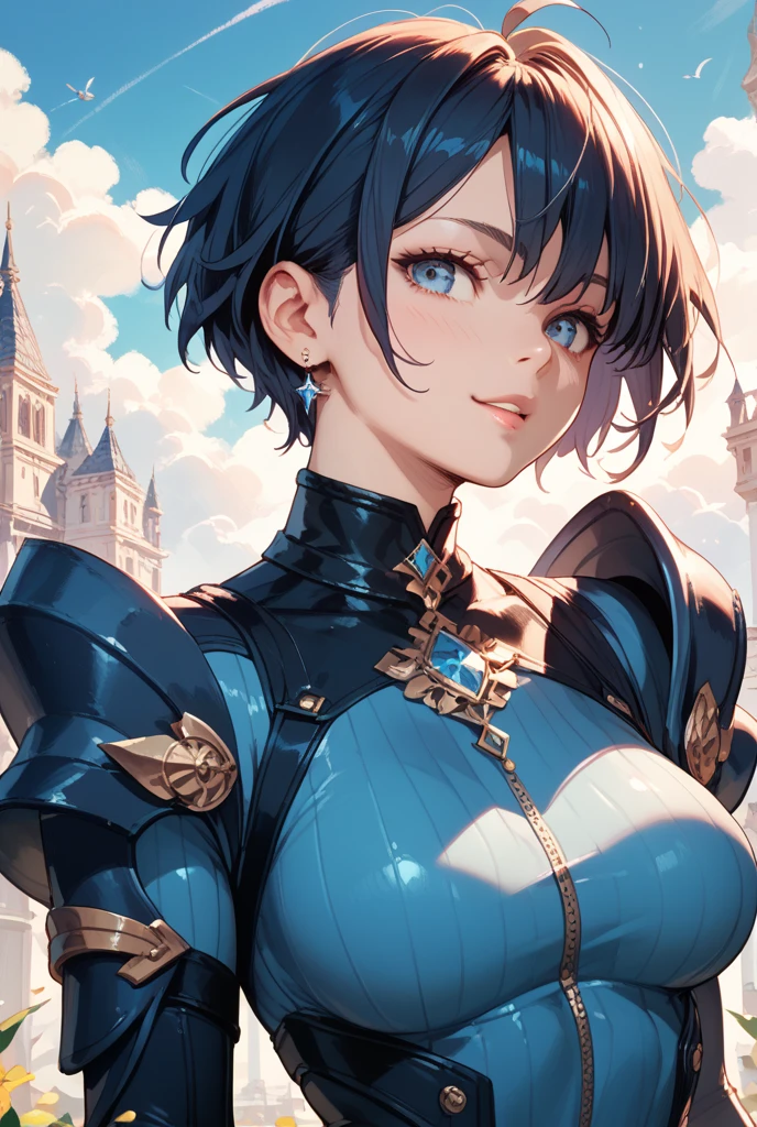 Anime, High-resolution illustrations, unrivaled masterpiece, ultra-realistic 8k CG, perfect artwork, (fidelity: 1.5), night, a mature woman, solo, neck-length hair, short hair, bangs, (vermillion hair), golden eyes glitter with ferocity, voluptuous curves:1.3, (Compressed chest:1.3), the dress is a dark, skin-tight bodysuit with gold-accented spiked armor on the shoulders and chest, featuring a gothic fantasy style, character in the middle, standing, palace, ferocious personality
