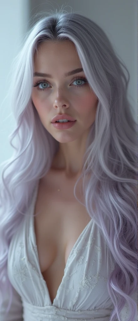 Emily Sears with white hair,(best quality,high resolution:1.2),(realistisch,photoRealistisch:1.37),portrait,sexy,verrotten,Rosa,Lila,blau,gelb.
