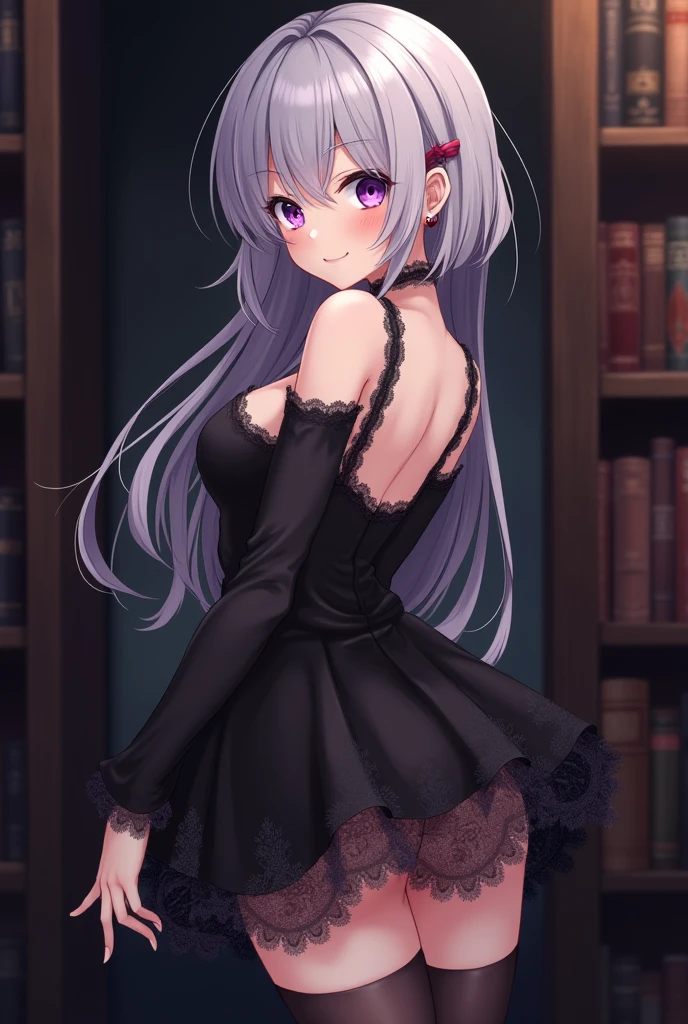 ((best quality)), ((masterpiece)), (detailed), ((highres)), In lavish manor library,  extremely long white hair. Fluffy white cat ears. Long white cat tail on butt, 1catgirl, 20 year old, Curvy body, shy, timid, scared, nervous, Blushing. Lewd, naked. Heterochromatic eyes, one teal eye, one purple eye. No shoes, black ripped fishnets,

