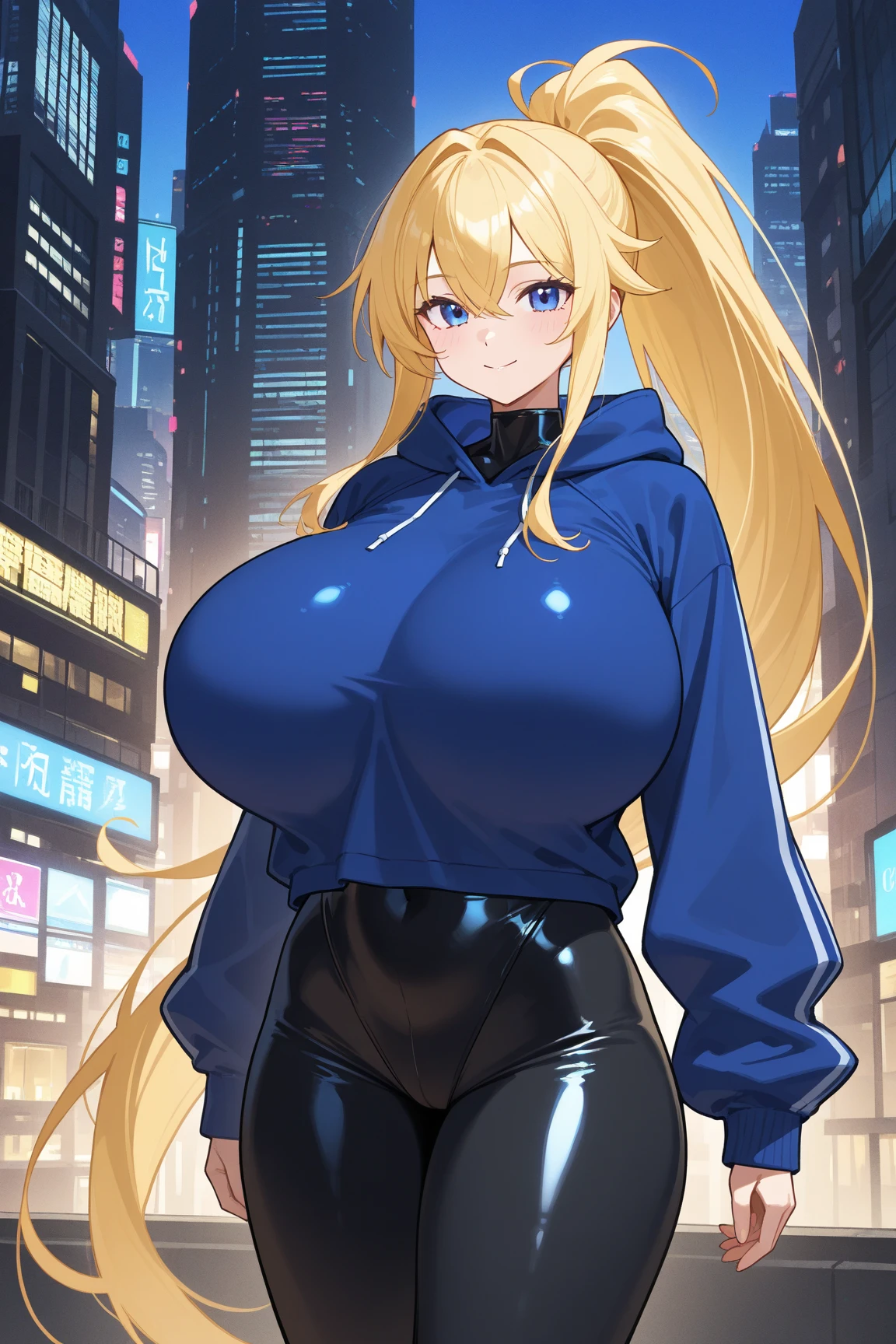 best quality, (masterpiece),(ultra-detailed), (high quality), (high resolution), (2heads:1.5) blonde hair, (larger breasts), cleavage, best quality:1.5, highres, UHD, 4K), smiling, ((black leather jacket over a blue crop top)), blue jeans, wearing heeled boots, (detailed glowing blue-purple eyes), trousers, (mature woman), casual dress, sexy proportions, (exposed midriff), thighs, Beautiful girl with accentuated slender abs, eyeshadow