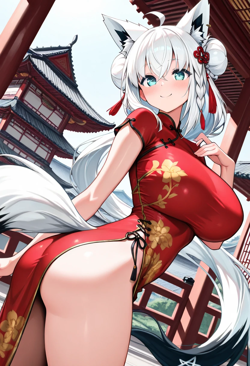 8k, best quality, masterpiece, highly detailed, semi realistic, a girl (solo), a beautiful kitsune woman, kitsune, kitsune nine - tailed fox, a beautiful fox lady, a girl in hanfu, sitting on a floor in front of a sun, buddhist halo, looking at viewer, big breasts, (white hair), bangs,blue eyes, buddhism, kneeling, divine aura
