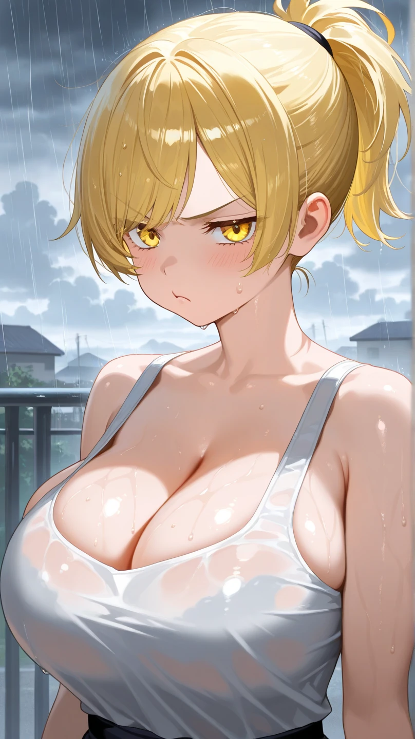 (1 girl), (masterpiece:1.2), (very aesthetic:1.2), (best quality:1.2), (highres:1.2), (super detail:1.2), dramatic lighting:1.2), blushing, smile, messy blonde hair, pixie cut, hair between eyes, green eyes, (white micro bikini), (gigantic breasts:1.2), (cleavage:1.2), shiny skin, standing up, beach, (cowboy shot), (arms behind back:1.2), (narrow waist), thick thighs, wide hips, closed mouth, looking at viewer, shy, feminine, cloud, colorful, starry, stars, night