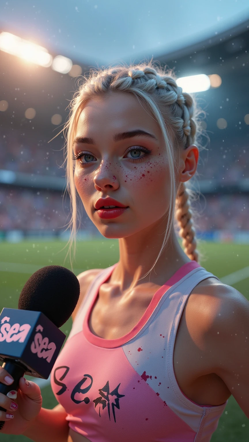 (award winning 64k concept art:1.2) of (black young woman:1.2) in usa team sportswear at the stadium, sweet, lying on the side on the track, front, epic, god rays, (sweat:1.3), centered, upper body, (masterpiece:1.2), (best quality:1.3), Amazing, highly detailed, beautiful, finely detailed, warm soft color grading, (Depth of field:1.4), extremely detailed 64k, fine art, stunning, iridescent, (shiny:1.4), (light reflections:1.3), (crisp:1.6), silver short curls, spring, vibrant, sunlit, (edge detection:1.4), absurdres, impressive, 120mm, glittering, extremely clear, lens flare, motion lines