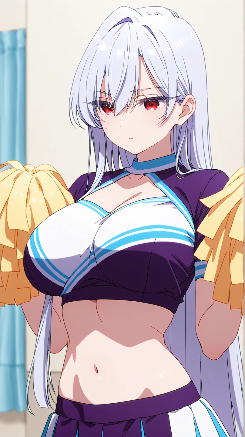 best quality, high resolution, large breasts, white hair, blush, embarrassed, cowboy shot, looking at viewer, Boosette, pink lip, (((cheerleader white outfit)))