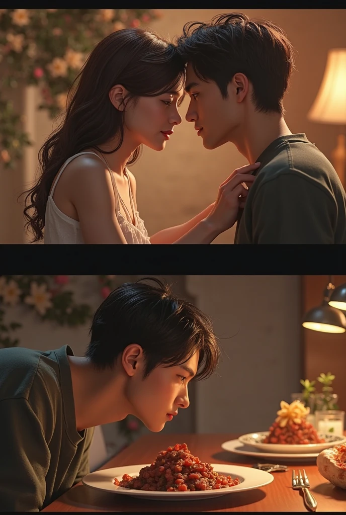 close up, the 90s movie scene, two young man kissing in a house made by water with filled of full variety of fishes and pink flowers in the room, a scene shot by chen jiru, featured on tumblr, aestheticism, made of pink flowers, handsome, movie still, 1990s, kim taehyung and jeon jungkook, film grain, snowy day, house underwater