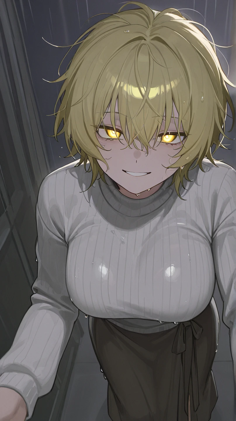 1girl, solo, Artoria Alter (Lancer), Fate GO, masterpiece, beautiful, extremely detailed face, mature, blonde hair, detailed yellow eyes, bangs, hair between eyes, looking at viewer, half open eyes, cold stare, unamused mouth, (sweat:1.7), (sweay skin:1.7), big breasts, black virgin killer sweater, black long stockings, living room, low camera angle, shadows playing on abs, detailed illustration, amazing shading, intricate detail, (depth of field, bokeh:0.8), niji, soft lighting, sunset