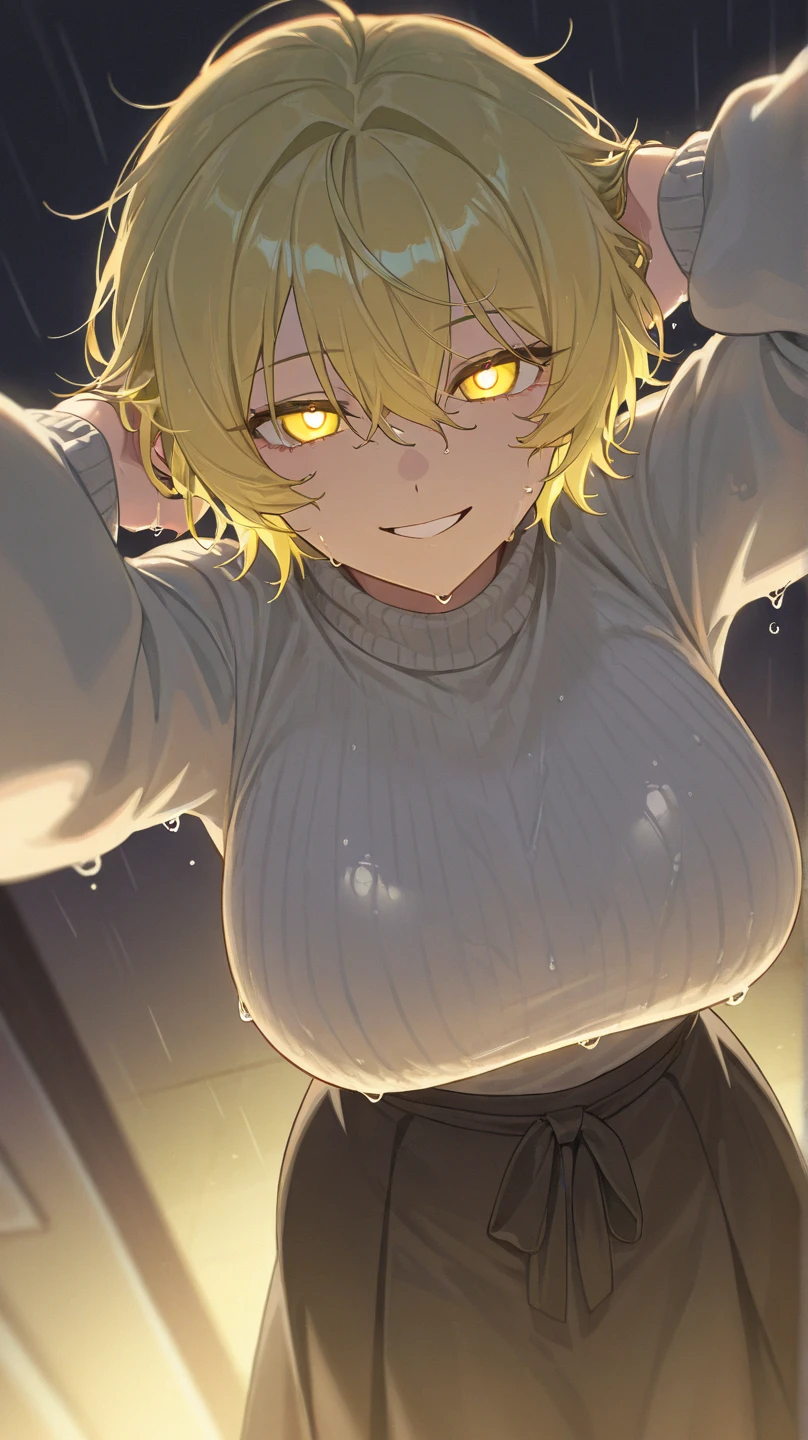 masterpiece, highest quality, Super detailed, Contemporary, (white background:1.3), 1 girl, Erotic, hentai, cum, partially undressed, whole body, tall, slender, beautiful breasts, blonde, short hair, (golden eyes:1.3), slanted eyes, cool, black t-shirt, Lower body naked, beautiful feet