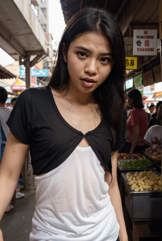 Very beautiful naked Indonesian girl with six pack abs and very hairy armpit walking around on a traditional market
