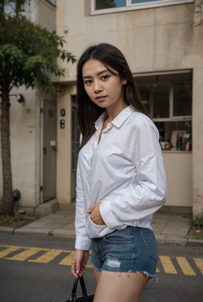 Japanese girl, asian, black eyes , (bigeyes:1.1), slim round face, (school uniform), white  shirt, bottomwear is black and grey plaid pattern skirt,(pleated skirt, miniskirt:1.2), outdoor, upper_body, (bus stop:1.1), autumn, 
.(shot on Beier Beirette, kodak porta, cinestill 800, (film grain:1.2), by Norman Parkinson:1.3), (muted colors, desaturated, chromatic aberration, blurry) , candid photo, vignetting, sun, shadows,, .score_9, score_8_up, score_7_up, score_6_up, rating_explicit