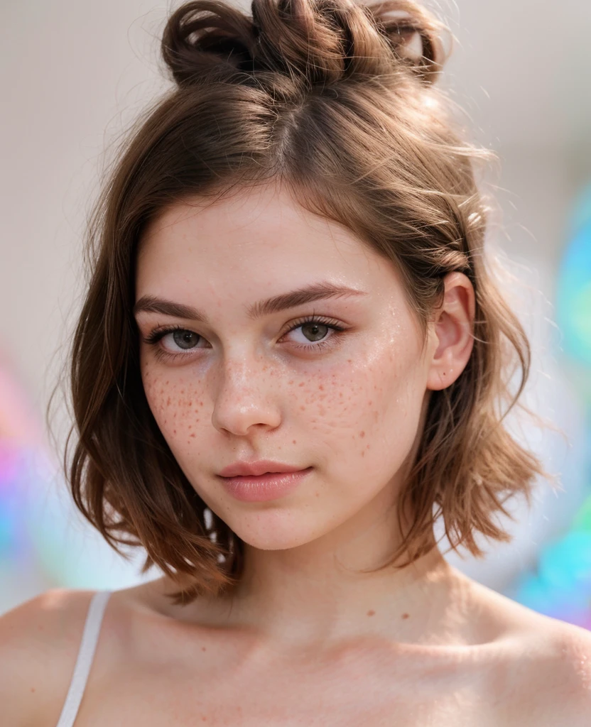 (CR-Chlo3Grac3Moretz-slgmoon:0.9),portrait of young woman, oiled shiny skin, grey background, tilted pose shot, slick hair,