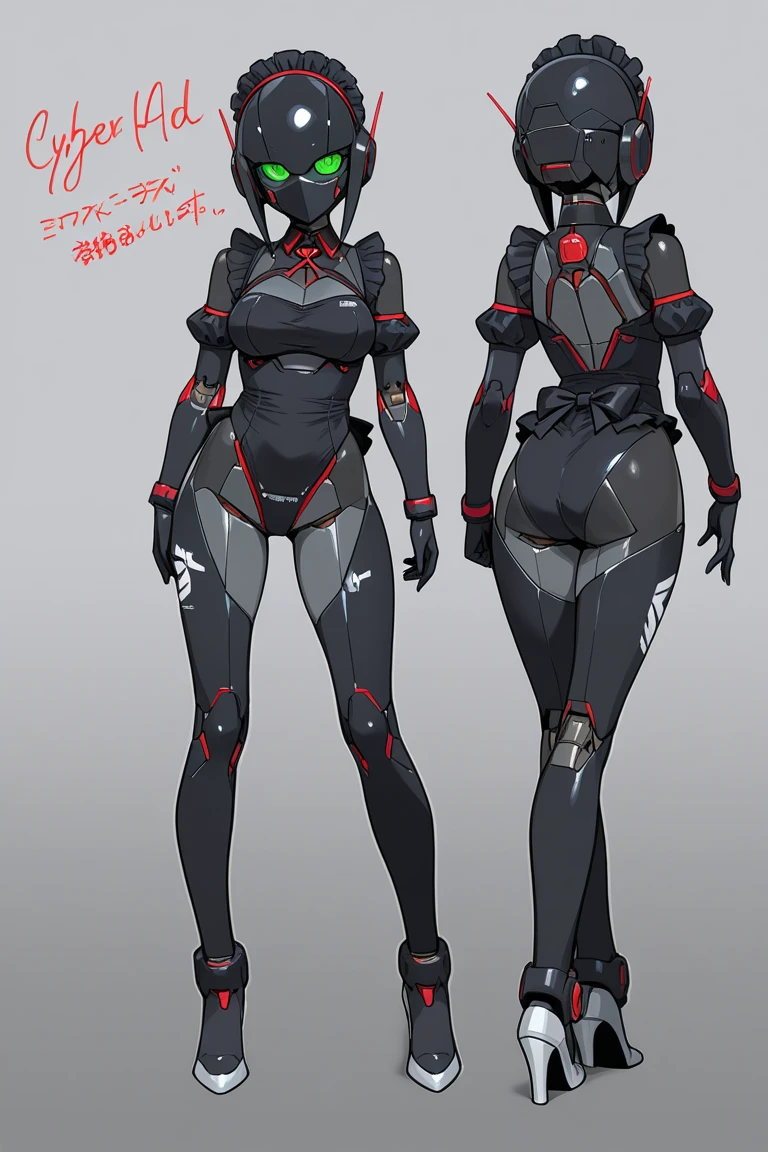 full body, reference sheet, front, back, side,1 girl, Android girl, cyberpunk, (cute:1.3),red Hair, left eye yellow, right eye blus, tan skin, freckles{White breastplate, Black futuristic headphones, Mechanical black glossy metallic Bodysuit, Bare shoulders, oversized jacket, Glossy, shiny material}