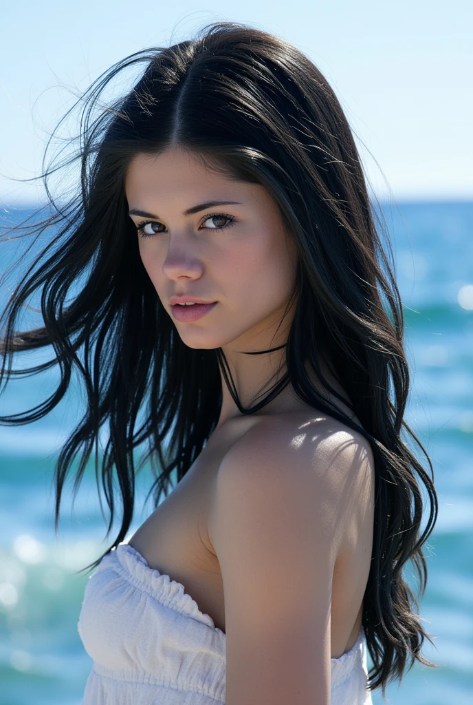 1980s Kodak photo of a young 25 year old rock girl with black 
hair , blue eyes ,wearing Black rock clothes , show skin at beach

 , photography by nan goldin, faded, film grain, cross processed image