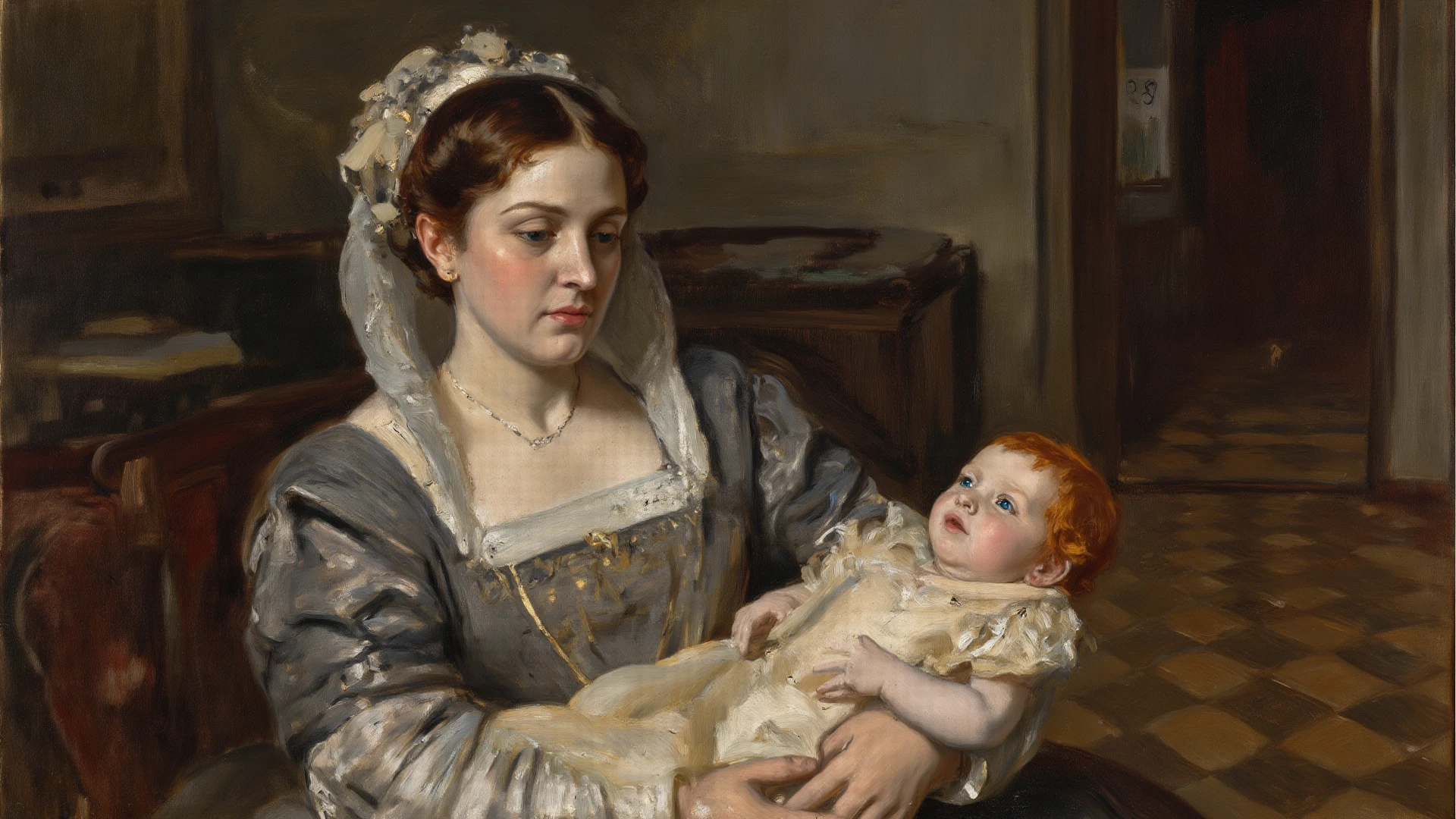painting of a woman, holding a child in a room with a deer's head, Hubert von Herkomer, Eugene bladder, Victorian painting, Victorian painting, Adolf Hiremy-Hirschl, Painting from the 1800s, Albert Anker, Vasily Perov, Silvestro Lega, Antonio Galli Bibiena