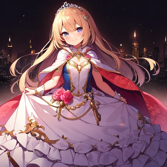 best quality,(long train cape:1.15),(long train ball gown with floral decoration:1.15), a girl is wearing a cape over her dress, anime style, rococo style, little princess, tiara, kind smile, very long hair, small breast, perfect fingers, masterpiece