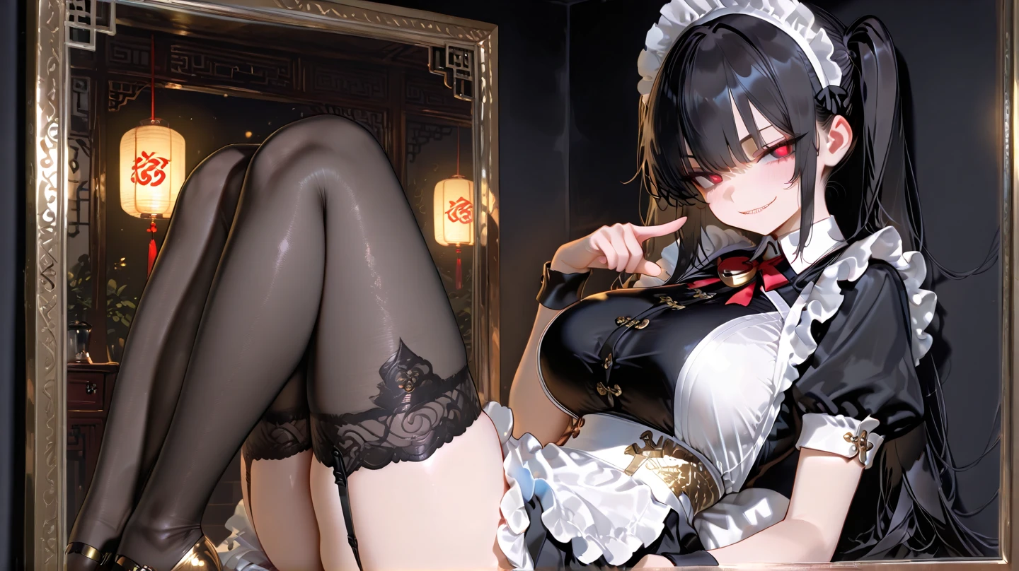 The body is slim、Masterpiece、Highest quality、Highest quality, (long and thin legs, shoes:1.2), Arm behind wrist, squat、Spread your legs、1 girl, Ahegao, Cute eyes, (Detailed face:1.3)、black eye, Open your mouth, The whole face turns red, alone, Big and ample breasts, (Straight bangs, Twin tails), White maid outfit、Side bust、Underbust、belly button、Walking through the mansion'corridor、nsfw