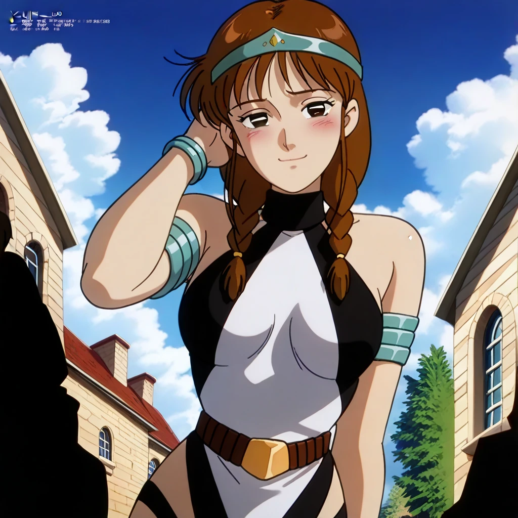 1990s \(style\), retro artstyle, 1girl, solo, dark eyes, tall, orange hair, braided hair, fringe, medium breasts, long summer dress, in the swiss alps, foliage, valley <lora:Shiro Masamuneloha:0.5>