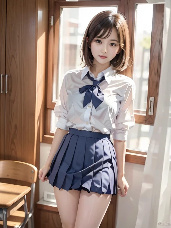 (8K、Raw photography、top-quality、masterpiece:1.2),a small face,small tits,flat breast,Parting the bangs from the middle、Forehead visible,(Tight eyes,Bullish,skinny,Rasping,irate)、masterpiece,top-quality、超A high resolution,Raw photo,ren,Beautiful fece,One Person, 独奏,eye glass,,Dark look,Small breasts,fullllbody,Round glasses、cute little、A Japanese Lady,is standing,(Tight eyes,Bullish,skinny,Rasping,irate,small tits,flat breast)、(Photorealsitic:1.37)、Photon mapping,Light blue ribbon,Realistic、Cute little face,Brown-eyed、Black socks、(Red bow tie)、Radio City、Physically Based Rendering、Foreground、depth of fields、Blurry background、a picture,The girls、Body, Long legs, Thin leg, poneyTail,(Bangs are visible), hair, s lips, Blue_The eye, nosesoft,White shirt, Navy blue and white plaid pleated skirt, Sheer clothing,, Thigh, Black cotton socks,Nogizaka Idol, 女優, Japanese ido