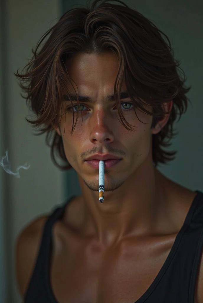 a square format painting, of a man&#39;s face, mid-length hair falling down, which is the face, une cigarette à la bouche, the smoke flies away and distorts the face in its path, in the background a blue sky, and the sunlight hitting his face, il a le regard perdu , thoughtful 