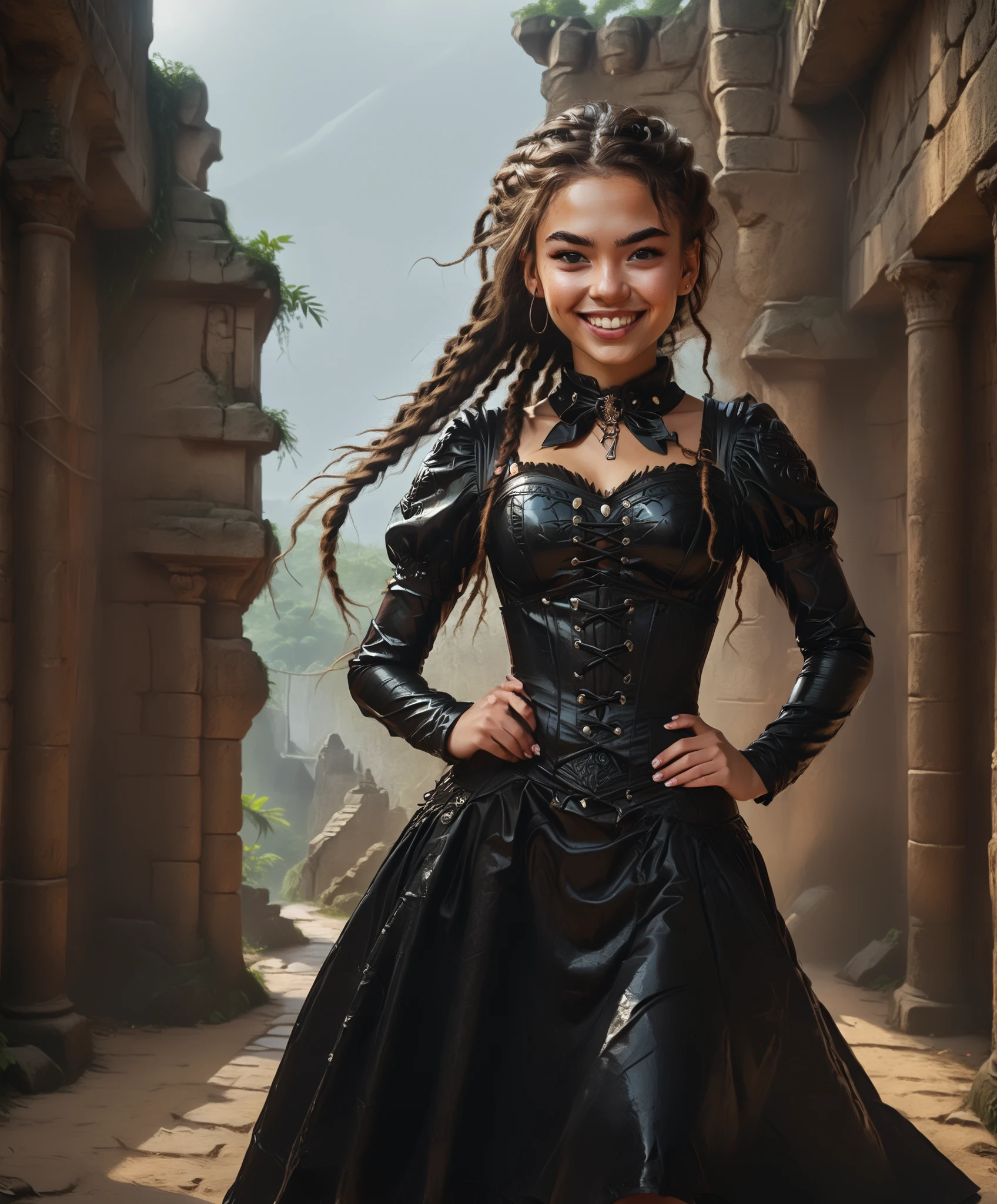 Smiling awkwardly. Sharp teeth. Slender body. White skin. Cute 18-year-old Aztec girl with Asian red eyes and unnaturally sharp teeth and dreadlocks with white highlights. White strands of hair. She has a cute and beautiful face. She has a round and young face with a pointy chin. Her white body is athletic with abs. She wears shiny latex, an all-black intricate latex dress with puffed sleeves and beautiful corset. Background: medieval jungle ruins. Realistic lighting. DnD art-style. fake box art, semi-realistic, Looking at the viewer. 